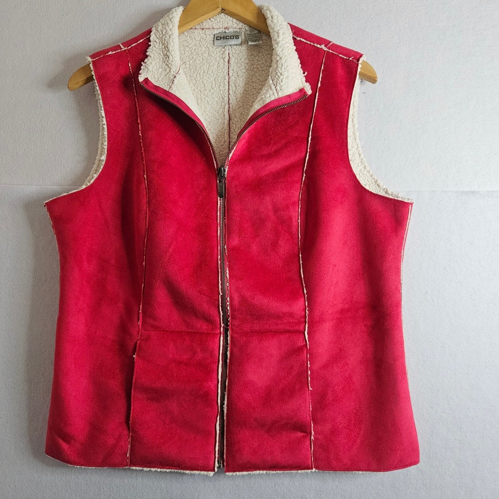 Chicos Faux Suede Sherpa Lined Vest‎ Red Pink Full Zip Size 2 Large Womens